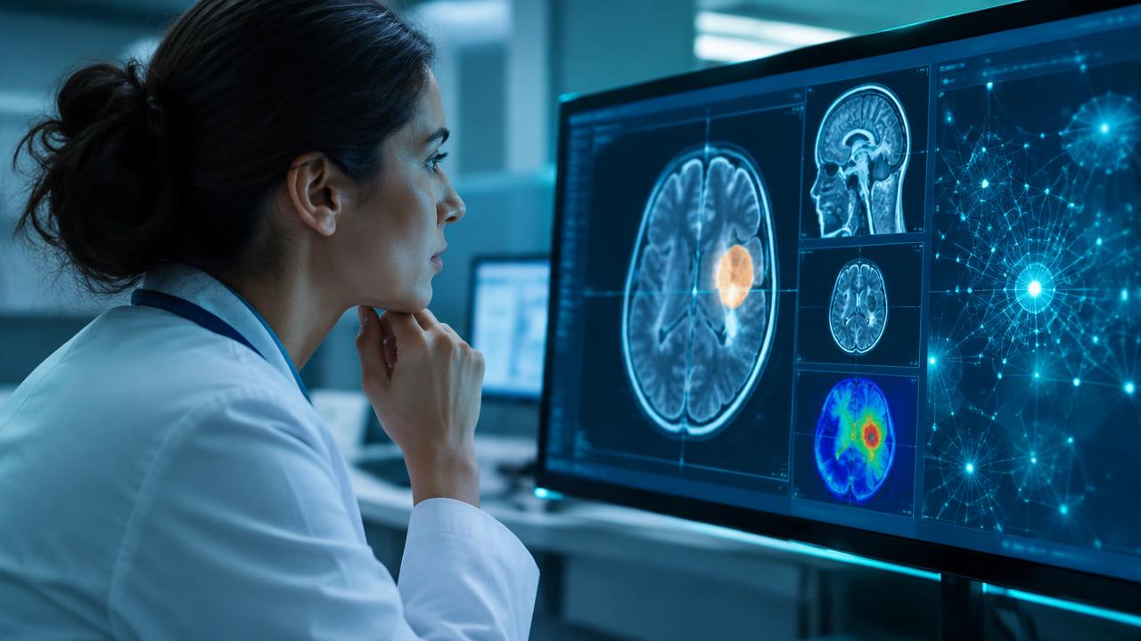 Clinician reviewing an AI-assisted medical imaging analysis on screen