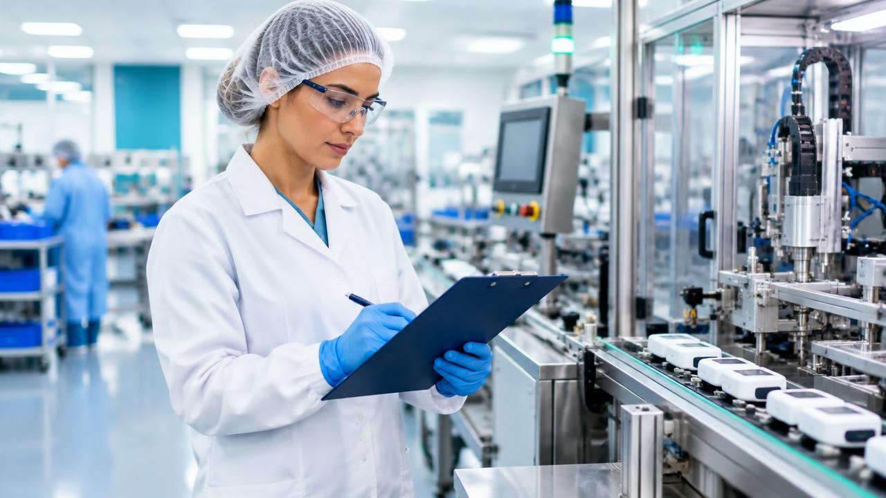 Quality auditor inspecting medical-device manufacturing equipment