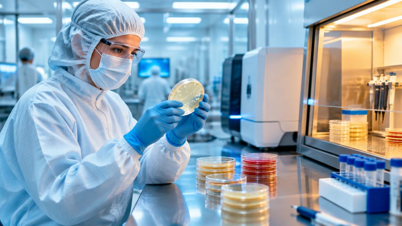 Microbiologist inspecting a culture plate in a medical-device cleanroom